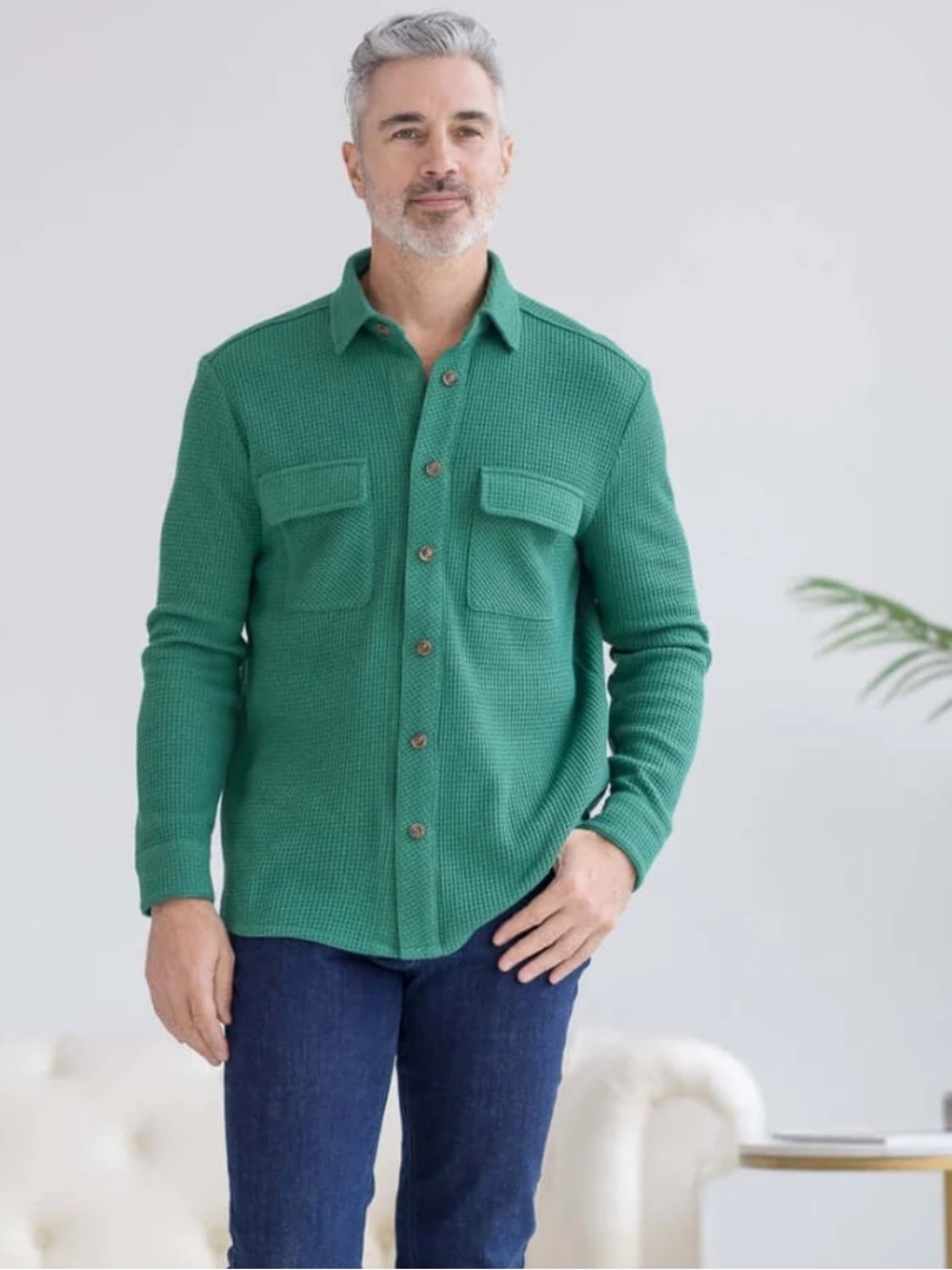 Magna Ready Green Cotten Blend Waffle Knit Adaptive Wear Easy Magnet Button Up L